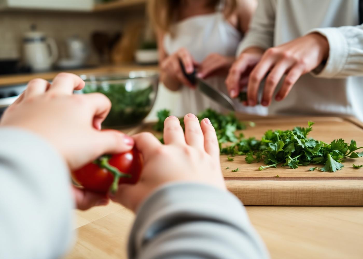 Hands chopping fresh herbs at a wooden cutting board with a child reaching for a cherry tomato