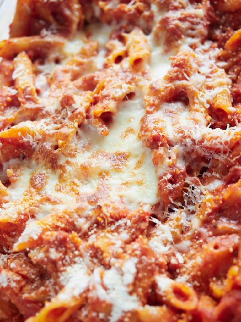 Baked ziti with melted cheese on top