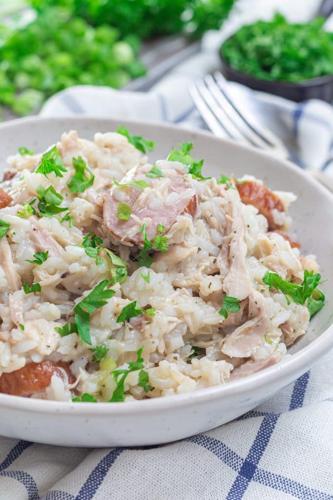 Chicken and rice casserole in a baking dish