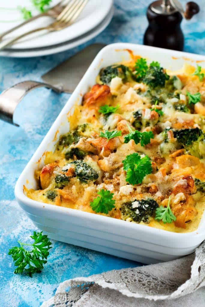 Chicken and broccoli baked in a creamy sauce