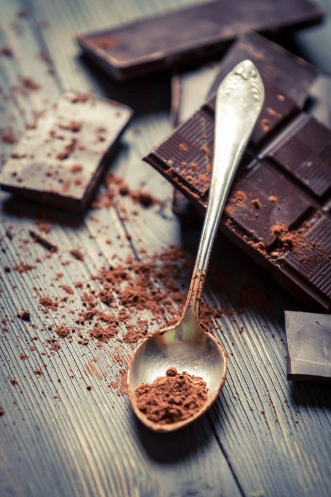 Pieces of dark chocolate broken on a table