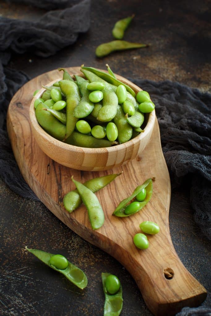 Edamame pods in a small serving bowl