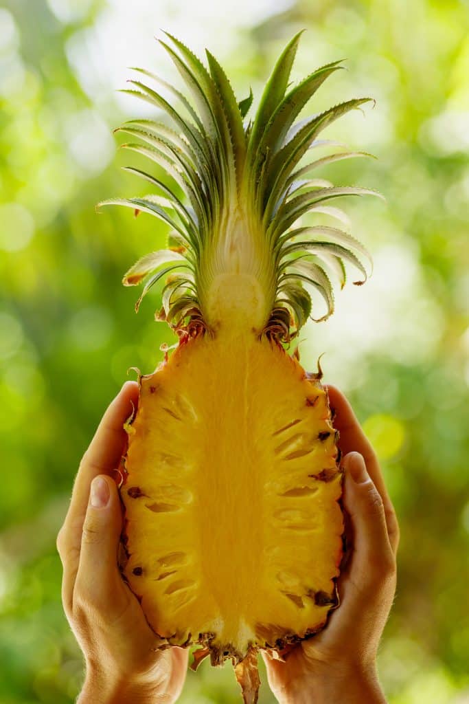 Halved pineapple showing golden flesh