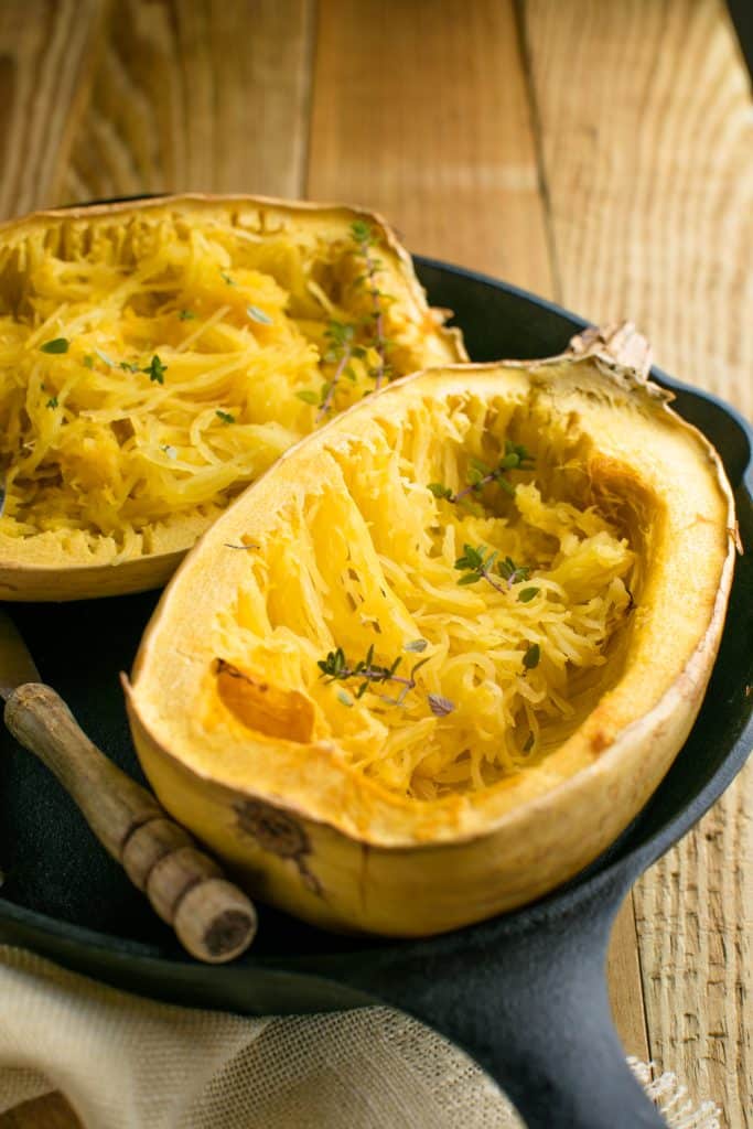 Overhead view of baked spaghetti squash halves
