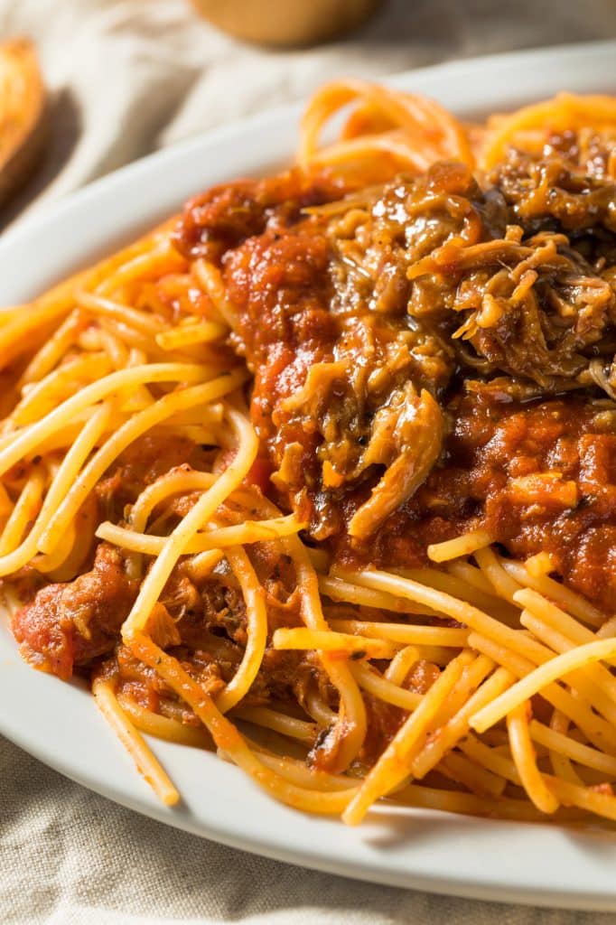 Spaghetti twirled with a hearty meat sauce