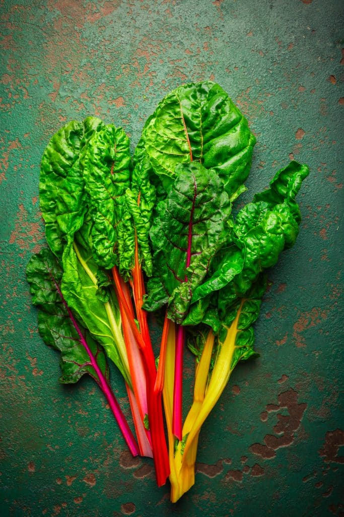 Fresh rainbow swiss chard leaves and stems