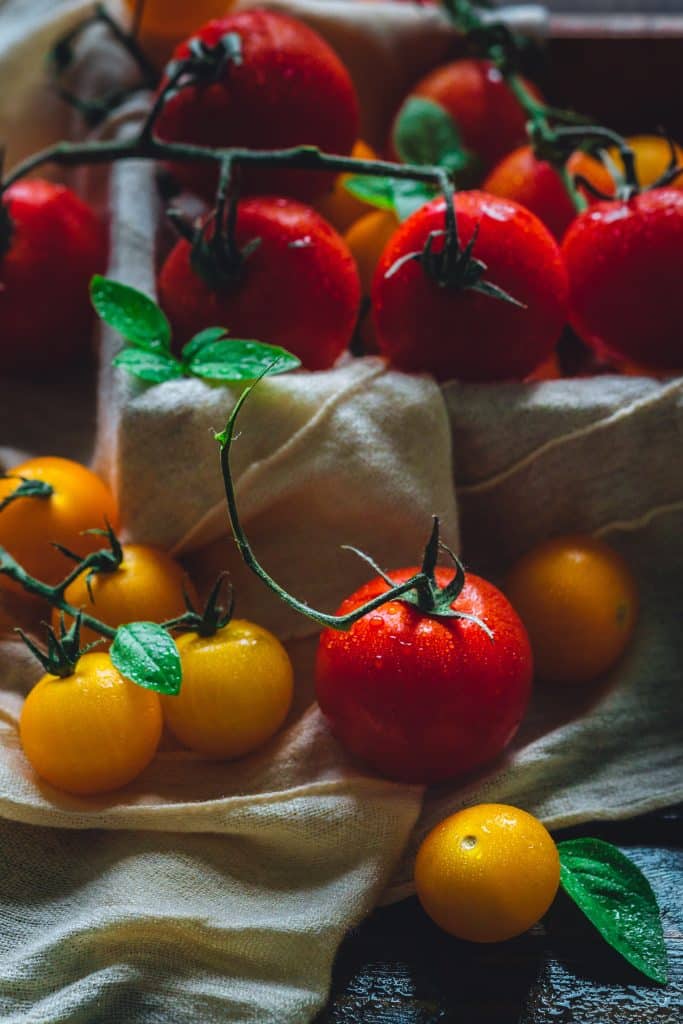 Multicolored tomatoes still on the vine