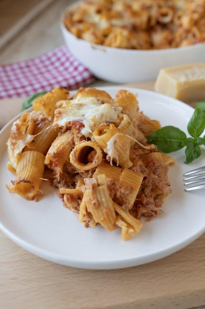Tuna noodle casserole with a golden top