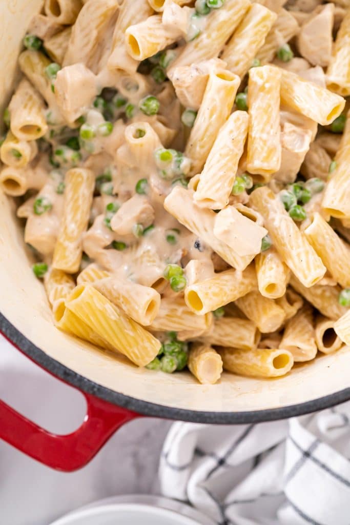 A creamy noodle casserole with peas